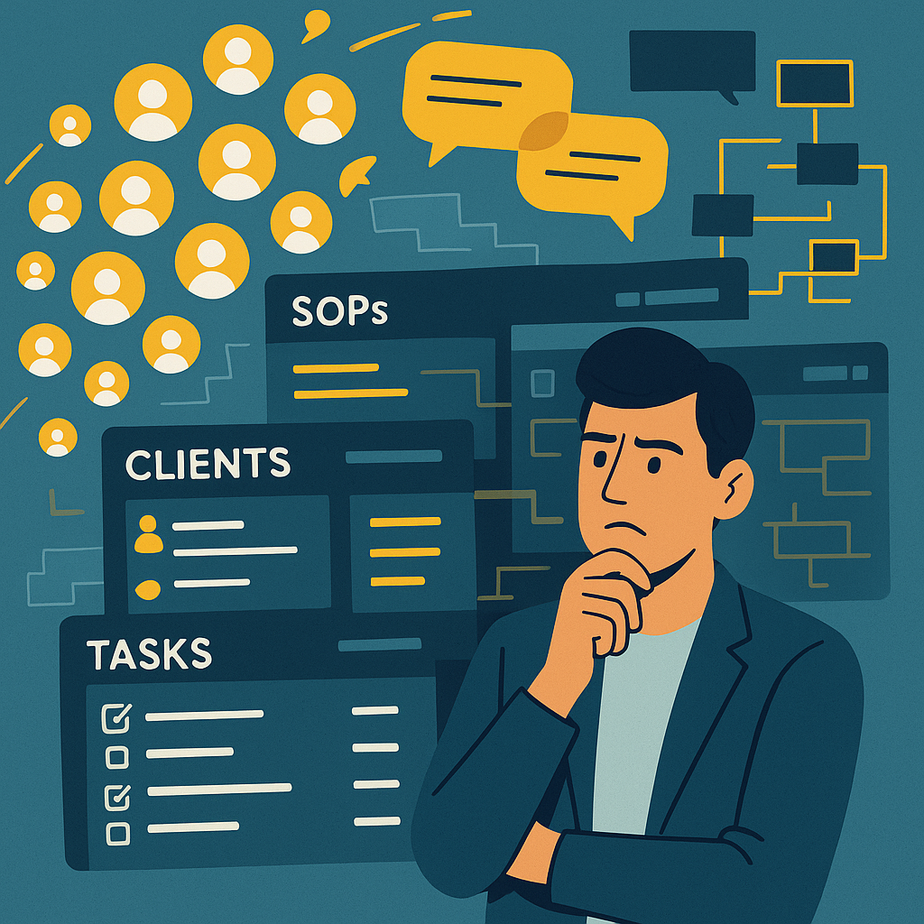 The challenge MediGrow faced with rapid growth, including overlapping roles, communication gaps, and lack of a centralized system for SOPs, client tracking, and team workflows.