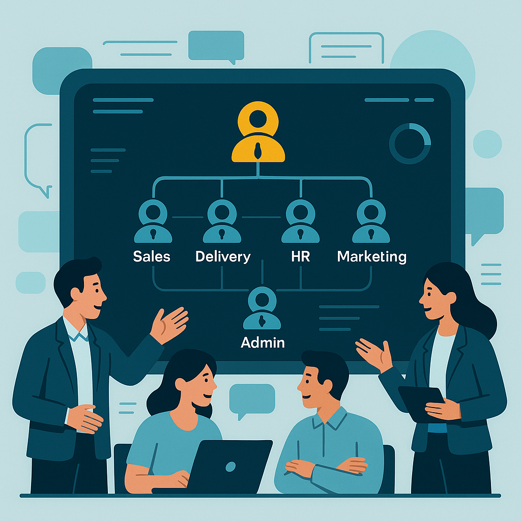 organization structure with defined roles and departments, addressing communication gaps and overlapping roles